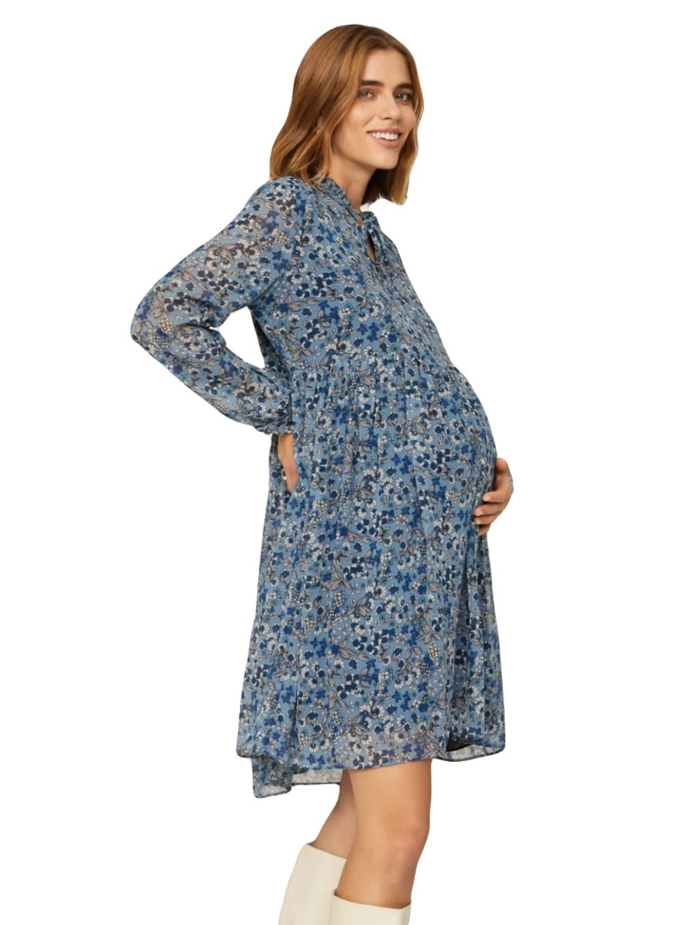 Pietro Brunelli LARGE Blue floral long sleeve flowy mini dress maternity RTR EUC